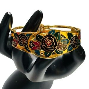 Vintage 80s Goldtone And Enamel Floral Cloisonné Hinged Clamper Bracelet